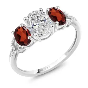 Gem Stone King 10K White Gold IGI Certified Lab Grown Diamond and Red Garnet 3-Stone Engagement Ring | 2.16 Cttw | Center Oval Diamond 1.00 Ct | D-E Color | VS1-VS2 Clarity