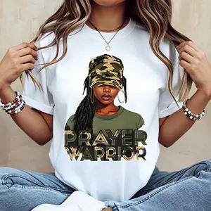Women Casual T-Shirt White Prayer Warrior Graphic Print With Camouflage Hat And Braided Hair Design For Everyday Wear