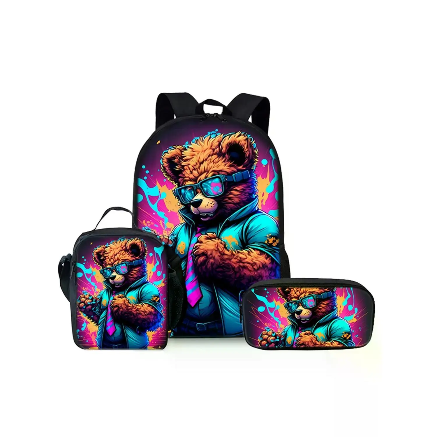 Bear Pattern 17-Inch Backpack Set: Includes Backpack, Lunch Bag, and Pencil Case