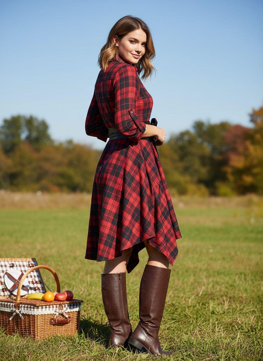 1950S 3/4 Sleeve Plaid Belt Dress Casual Outfits Women Collared Black Vintage Check Leather Womenswear