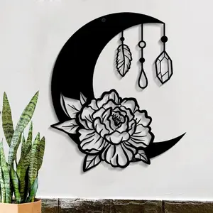 11" Black Boho Floral Moon and Star Phase Wall Sign
