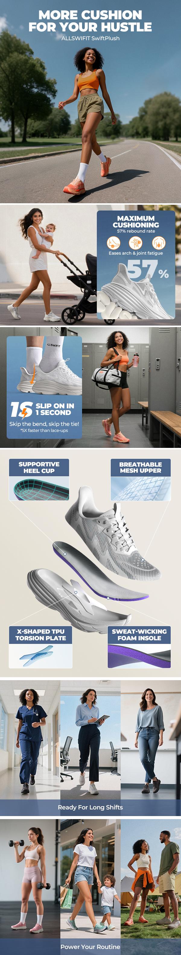 ALLSWIFIT Women's Slip On Walking Shoes Hands-Free Cushion Running Tennis SwiftPlush Non-Slip Comfortable Workout Gym Athletic Fashion Sneakers Breathable Running Shoes Fashionable Running Shoes