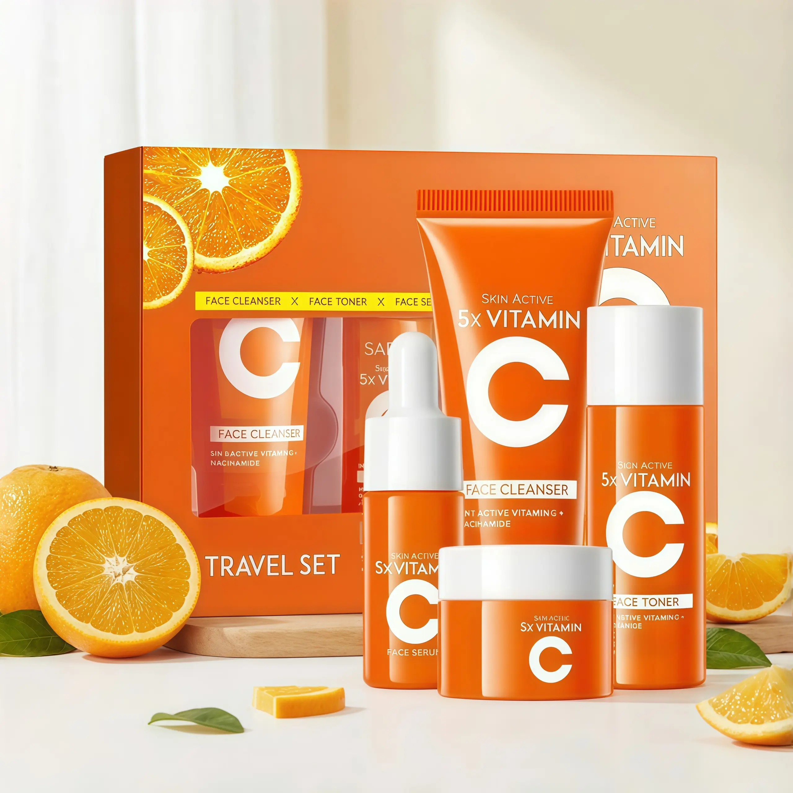 Skin Active 5x Vitamin C skincare travel set, suitable for business trips; includes facial cleanser (30 g), serum (10 mL), toner (30 mL), and face cream (15 g); a perfect gift for mom and best friend, easy to carry.