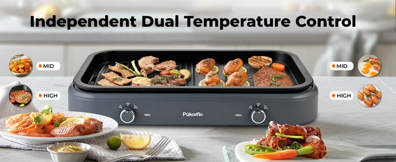 Pukomc 2-in-1 Reversible Non-Stick Grill Plate & Griddle Electric Indoor Grill with Adjustable Temp Detachable Design Dishwasher Safe Oil Drip Tray Stainless Steel Grilling 1500W Power Household Appliances