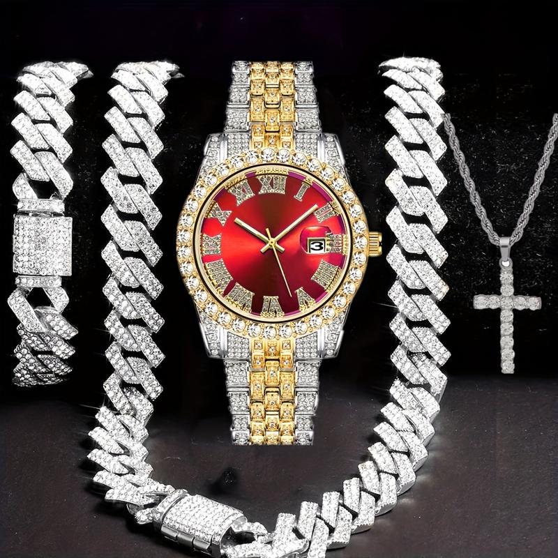 Men's Hip Hop Jewelry Set - Gold Quartz Watch with Rhinestone Bezel, 14mm Cuban Chain Necklace & Bracelet, Cross Pendant for Everyday Wear & Special Occasions