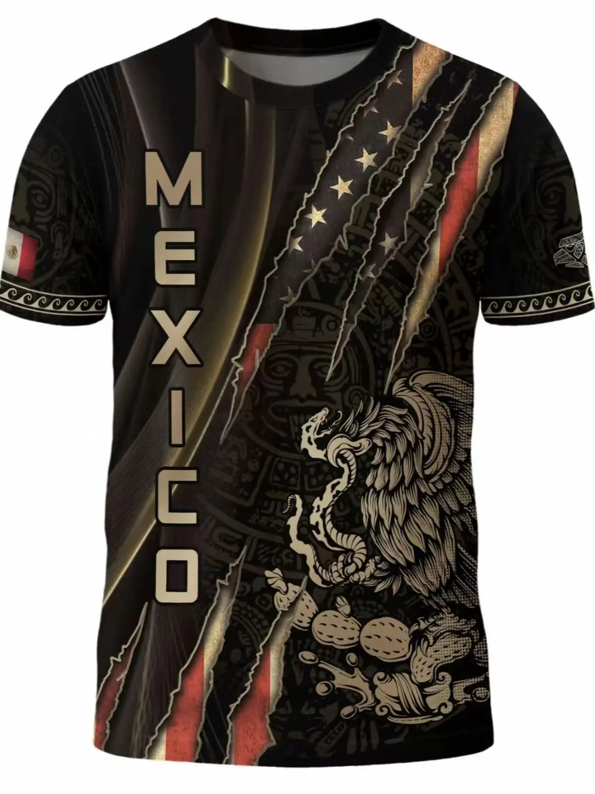 Men's Stylish Long Sleeve T-Shirt with Cultural Aztec Warrior Graphic, Fitted Tribal Eagle Print for Casual, All-Season Wear, Tshirt, Top, Aztec Print, Graphic Art, All Seasons, Crew Neck, Round Neck, Eagle Motif, Casual Graphic Tee, Fashion