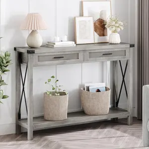 Farmhouse Entryway Table, Grey Console Table with Rattan Drawers, 43" Sofa Table with Storage, Console Tables for Entryway, Living Room, Hallway