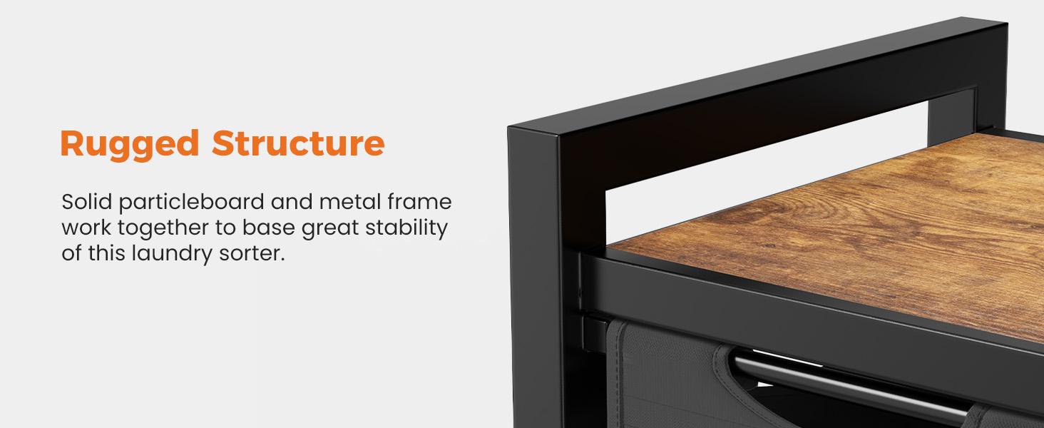 Laundry Hamper, Laundry Sorter with Shelf, Clothes Basket Organizer with 2 Pull-Out and Removable Bags, Movable Wheels for Laundry Room Bathroom Bedroom, Metal Frame, Black