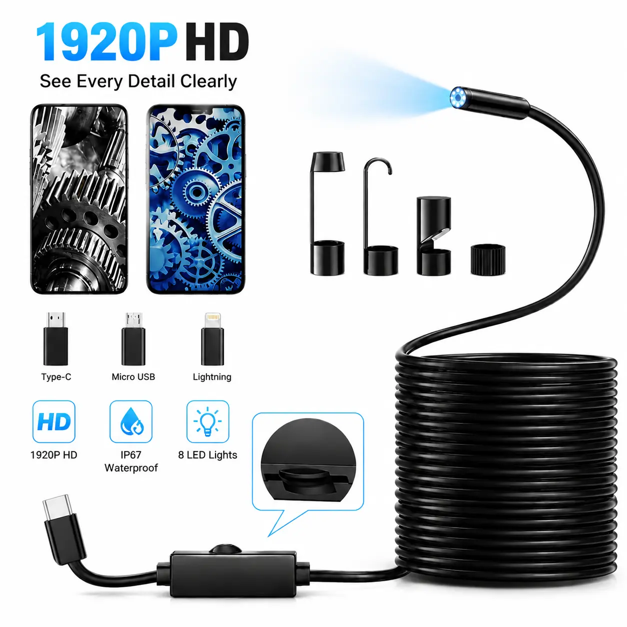 1920P HD Endoscope Borescope Inspection Camera Car Tool, 400 Resolution, 8 Adjustable LED Lights, 11.48ft Semi-Rigid Snake Cable, IP67 Waterproof Car Accessory, Plug & Play for iPhone Android Home Repair, Car Accessories, Car Tools