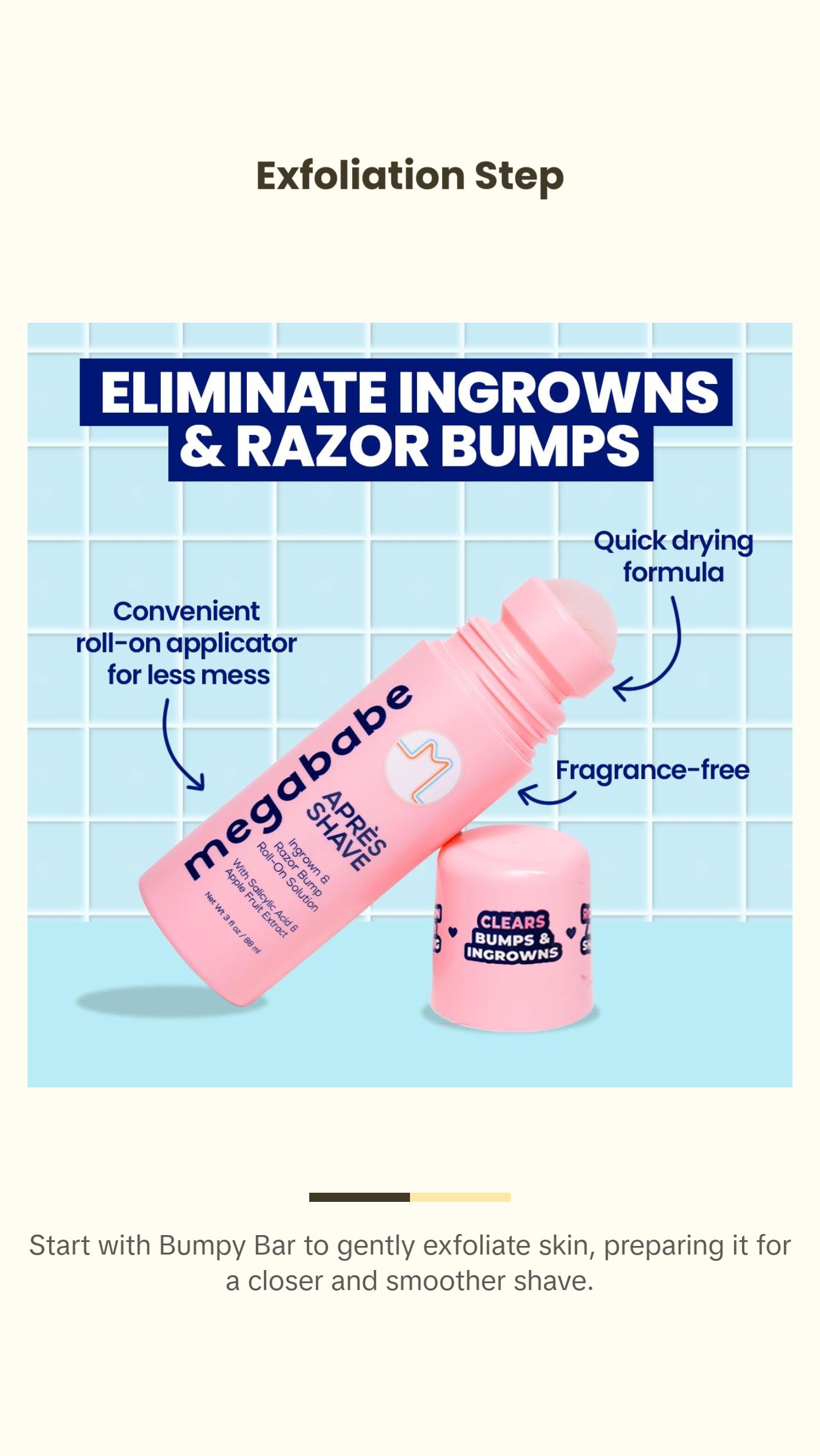 Megababe Shave the Day Kit | 4-Piece Shave Set for Smooth, Bump-Free Skin | Includes Bumpy Bar, Blade Bar, Après Shave, Après Shave Oil | Great for Sensitive Skin | TSA-Friendly Sizes