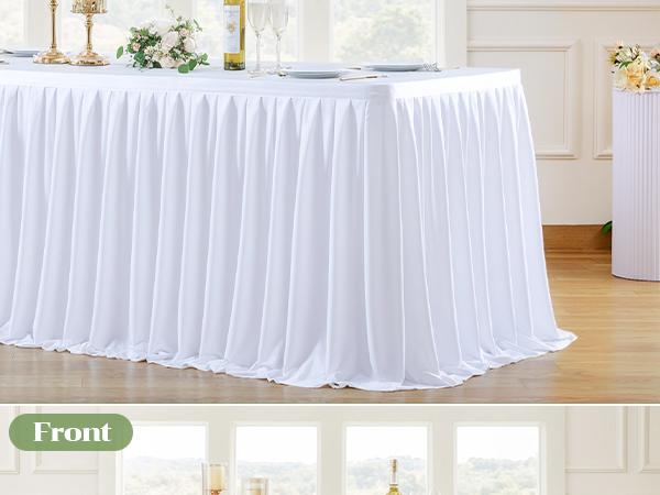 White Polyester Table Skirt for 6ft Rectangle Tables, Wrinkle-Resistant Pleated Ruffle Tablecloth with Easy Setup for Party & Event Decor