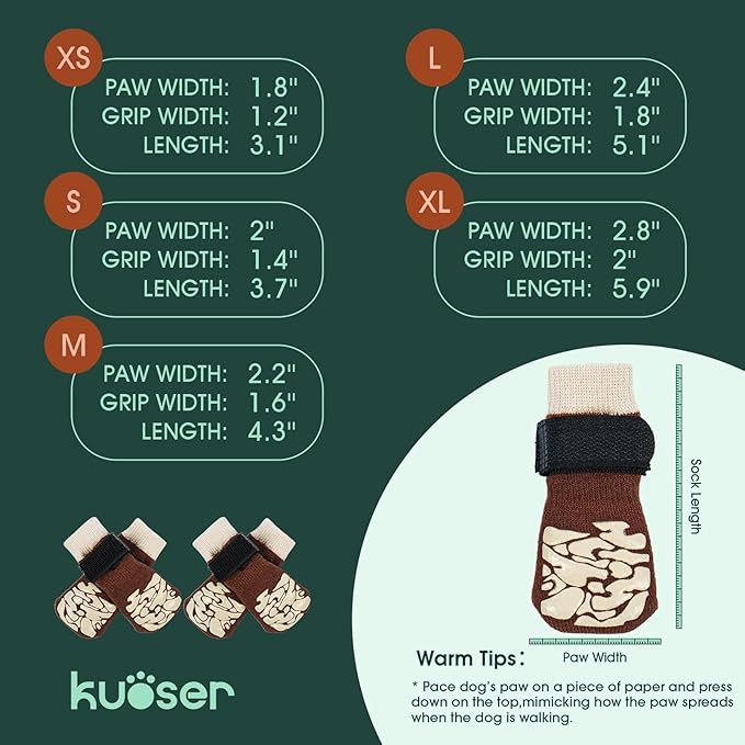 Kuoser Non-Slip Dog Socks, 4 Pcs Socks to Prevent Licking Paws, Paw Protectors for Hot Pavement, Hardwood Floors, Traction Control for Small, Medium, Large Dogs