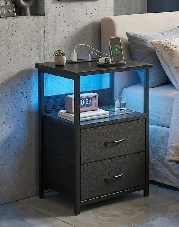 Night Stand with Charging Station, LED Nightstand with U-S-B Ports and Outlets, 2 Fabric Storage Drawers with PU Finish, Small Bedside Table, Black