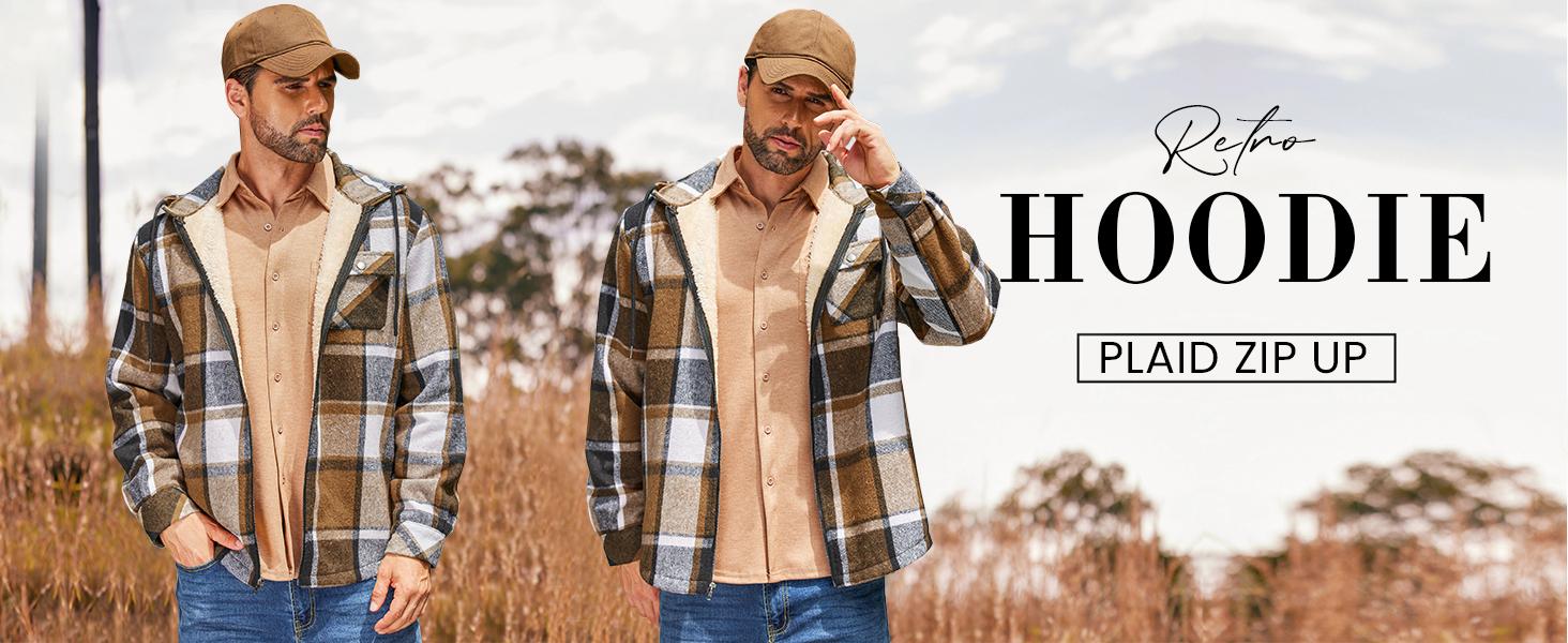 COOFANDY Men's Flannel Jacket Plaid Zip Up Hoodie Sherpa Fleece Lined Jacket Winter Warm Coats with Hood