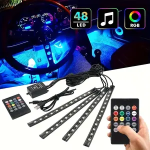 Car Led Interior Lights，4pcs 48 LED Multicolor Music Car Interior Accessories Under Dash Lighting Waterproof Kit with Sound Active Function and Wireless Remote Control