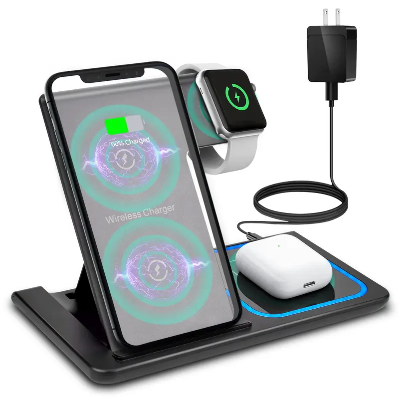 Wireless Charger, 3 in 1 Wireless Charging Station, Fast Wireless Charger Stand for iPhone 18 17 16 15 14 13 12 11 Pro Max XR XS, Apple Watch 8 7 6 5 4 3 2 SE, AirPods Pro 3 2 with QC3.0 Adapter Included