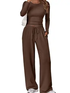 TFNOSIZE Women's 2-Piece Activewear Set Long-Sleeve Crop Top & Wide-Leg Pants Stretchy Fabric for Yoga Leisure Daily Active Scenarios Workout Running Clothes