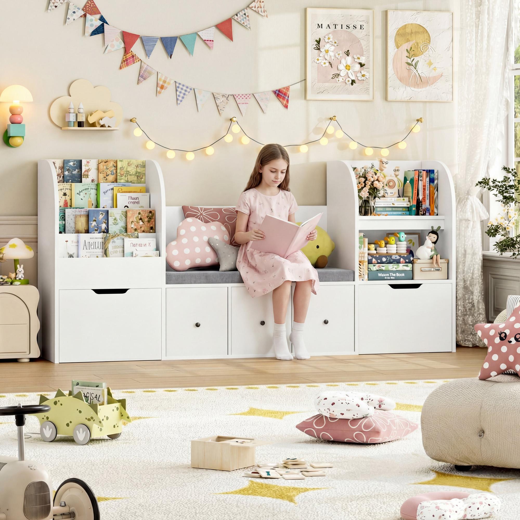 FOTOSOK 71” Kids Bookshelf with Reading Nook, Toy Storage Organizer with Seat Cushion and 2 Movable Drawers & 3 Toy Chests, Kids Reading Nook Toy Organizers and Storage with Bench for Playroom