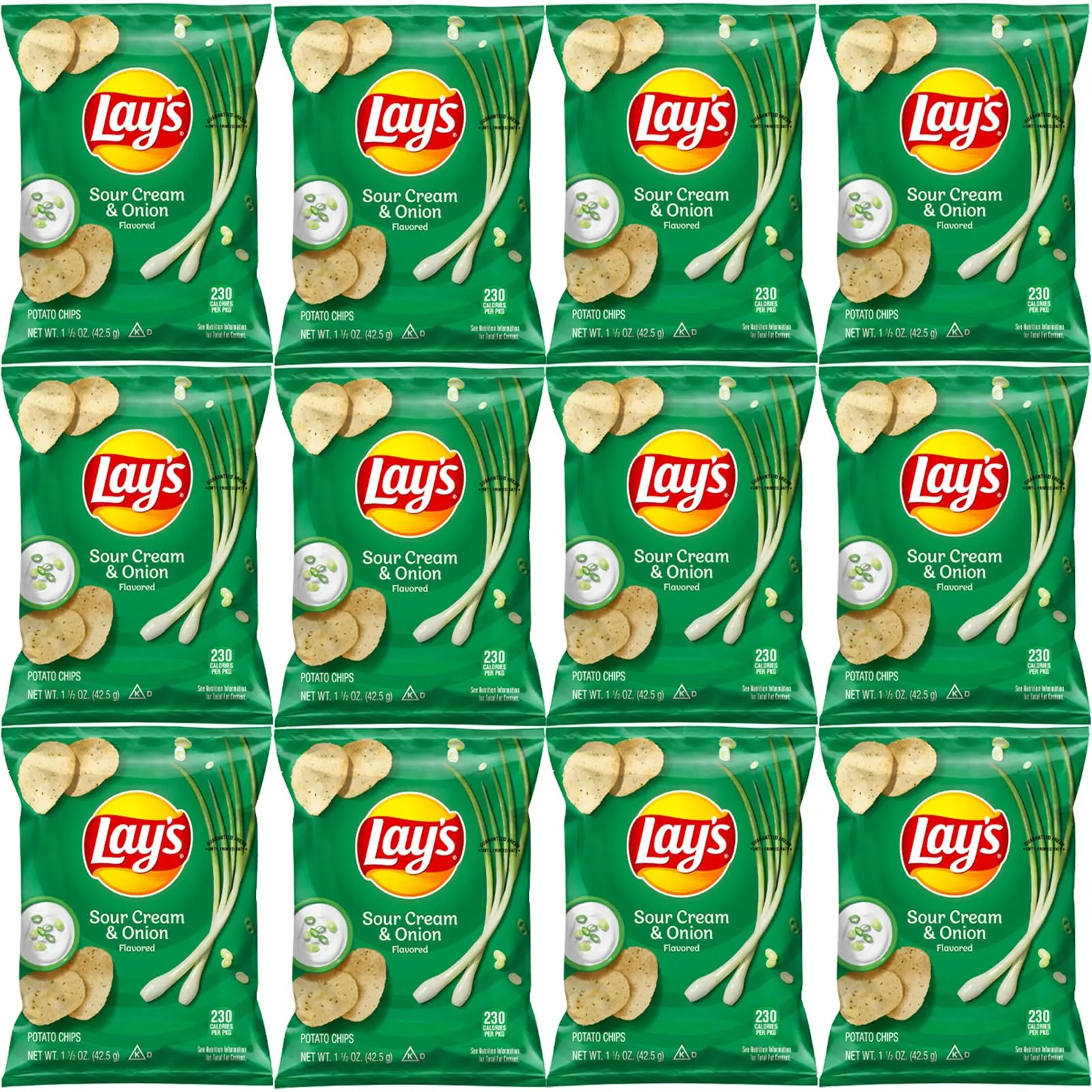 Lay's Sour Cream & Onion Flavored Potato Chips, 1.5 oz Bags, Pack of 12, Bundled by Shoppyway Snack Crispy Savory Crunchy Tasty