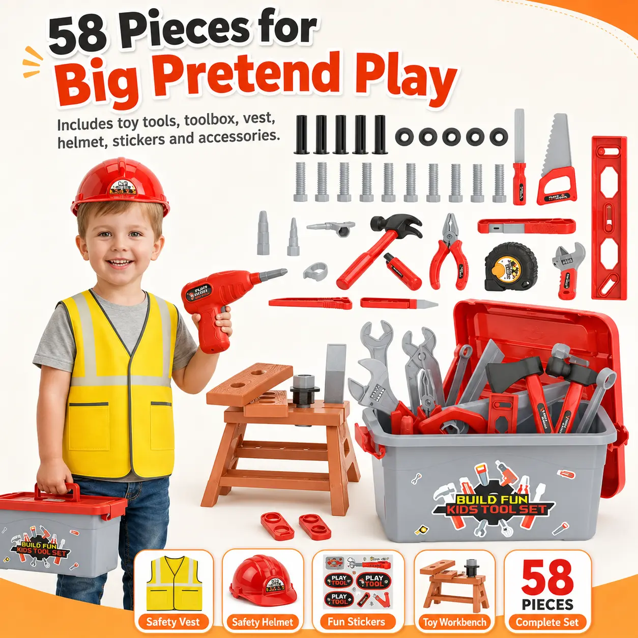 Kids Tool Set with 58 Pieces, Pretend Play Construction Toy Kit with Toy Drill, Storage Toolbox, Builder Vest, Helmet & Stickers, Role Play Gift for Boys and Girls