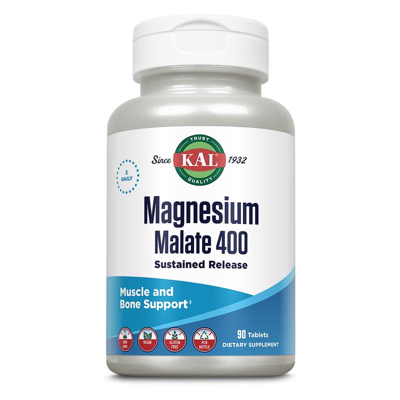 Kal Magnesium Malate 400 Tablets - Energy Support Dietary Supplement with 90 Tablets per Bottle - Healthcare Springtok Muscle Vitamin Bathroom Mineral