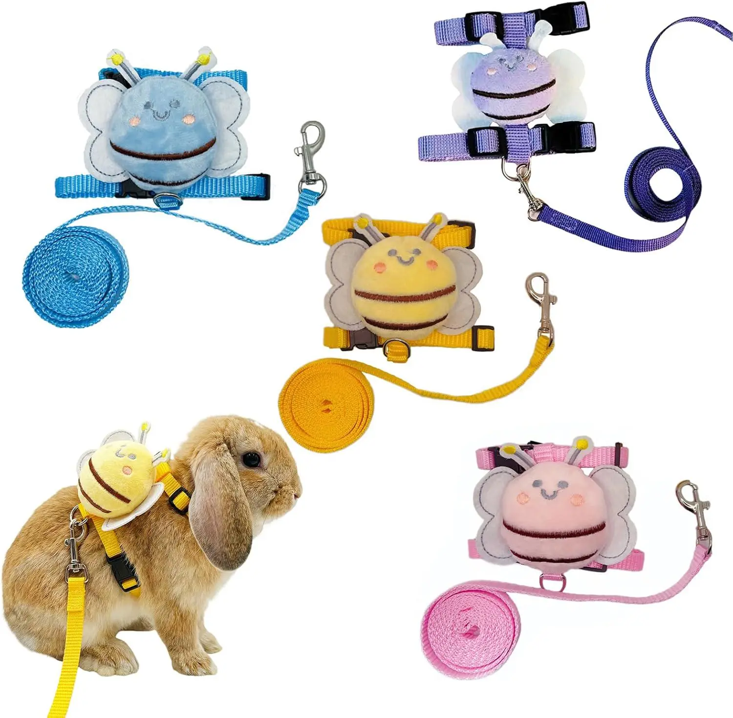 4Pcs Adjustable Rabbit Harness & Leash Set, Bee Pattern Escape-Proof Vest, Assorted Colors, Walking Training Accessories for Bunny, Guinea Pig, Ferret & Other Small Pets