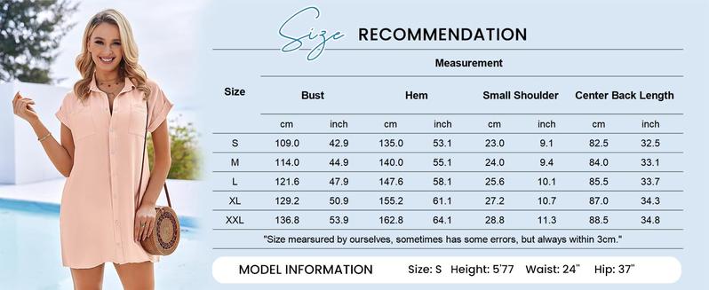 Women's Bathing Suit Cover Ups Summer Shirt Dress Casual Short Sleeve Button Down Beach Shirts with Pockets S-XXL