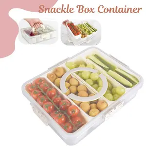 Snackle Box Container with Lid, 4 Compartment Snack Tray, Divided Serving Tray for Fruit & Veggies, Travel Snack Container for Picnic, Party, Fridge Storage