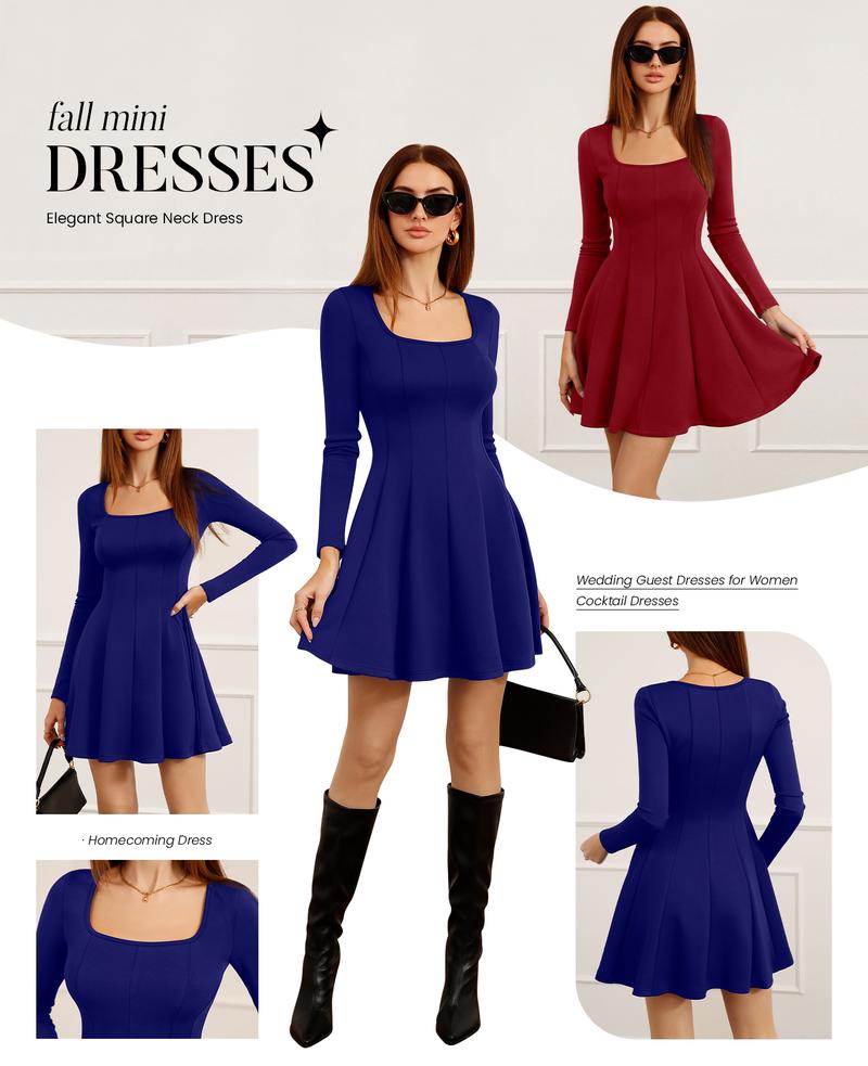 BTFBM Square Neck Dress for Women Casual Fall Long Sleeve Knit Pleated Elegant Classy 2026 A Line Club Party Mini Dress