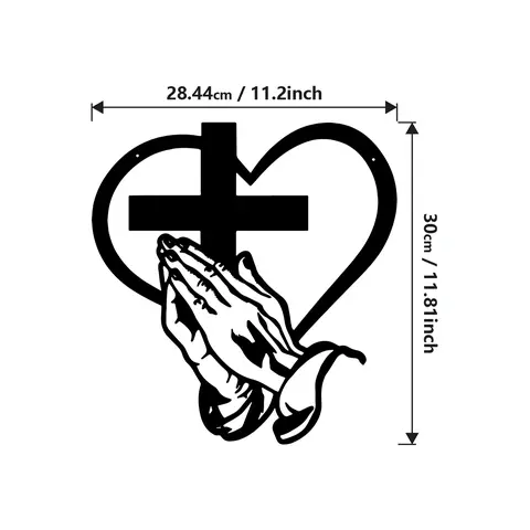 Summerwins Christian Minimalist Metal Wall Decoration - Religious Metal Wall Sign, Heart & Cross Praying Hands Iron Sculpture, Matte Rustic Farmhouse Decor, 2-3 mm thickness, 28.44cm W x 30cm H Accent, Pre-drilled hang, Indoor/Garden Ideal Gift