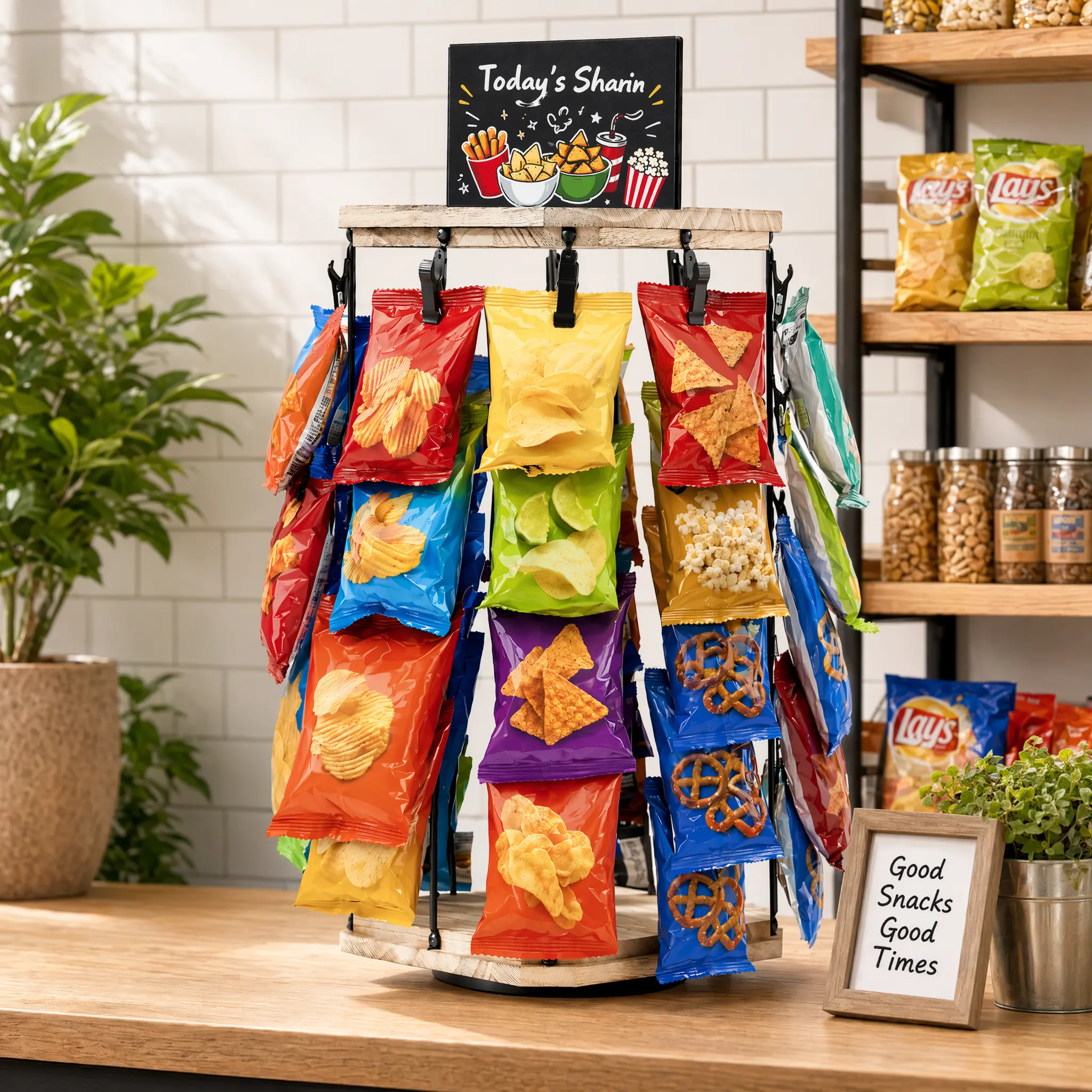 Wooden Chip Rack Display Stand, 5 Tiers 40 Clips Rotating Snack Rack for Office Countertop, Snack Organizer Chip Storage Candy Display for Concession, Party, Retail, with Message Board - Brown