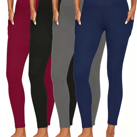 Women's 4PCS High-Waist Skinny Trousers - Polyester-Spandex Blend, High Stretch, Solid Color, All-Season, Pocket, Activewear for Fitness, Leggings for Yoga, Running