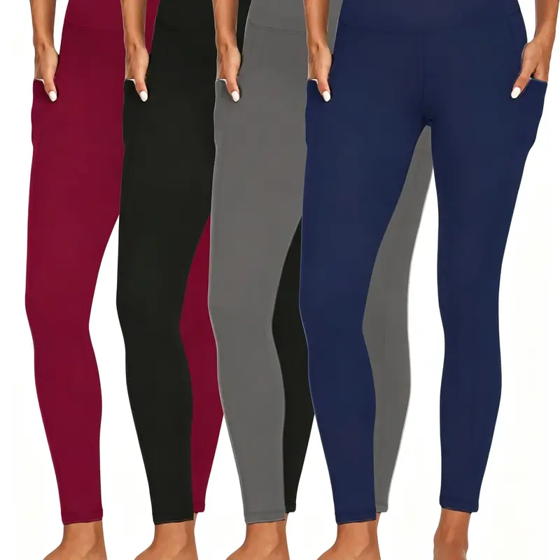 Women's 4PCS High-Waist Skinny Trousers - Polyester-Spandex Blend, High Stretch, Solid Color, All-Season, Pocket, Activewear for Fitness, Leggings for Yoga, Running