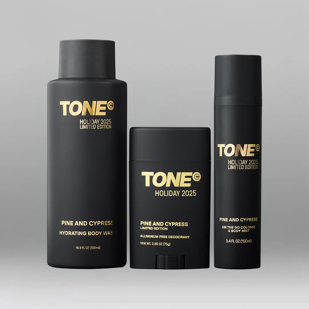 TONE Holiday Scent Essentials Collection 48-Hour Fresh Holiday Set – Aluminum-Free Deodorant, Hydrating Body Wash & Travel On The Go Cologne