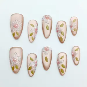 Moonovate - FLORAL DANCE 10pcs Handmade Press On Nails Almond Nails REUSABLE 3D Gel Fake Nails Acrylic Press On Nails											