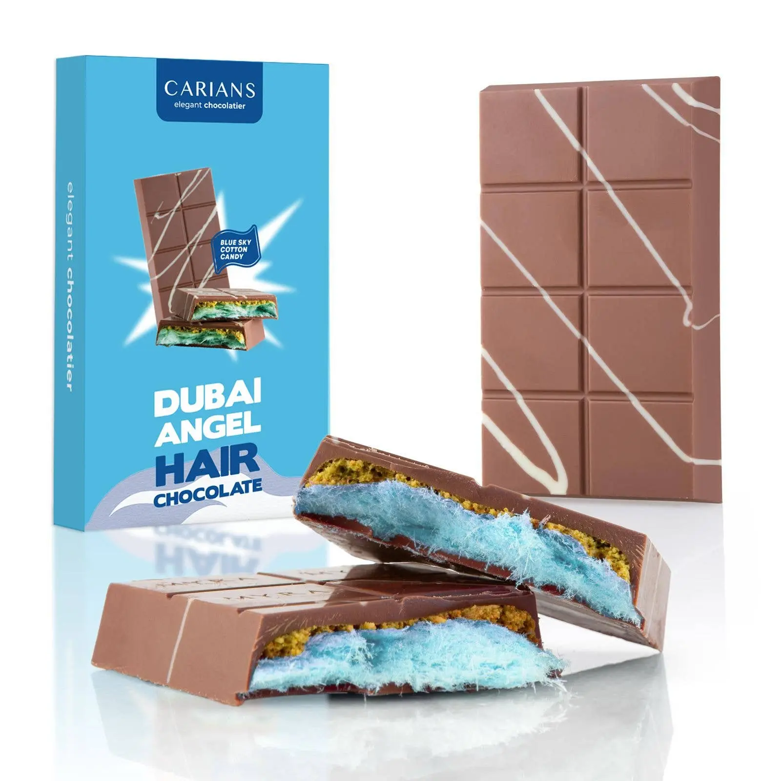 Viral Angel Hair Dubai Chocolate Bar Snack - Delicious Blue Sky Cotton Candy, Sugar, Caramel, Milk Infusions - Insulated Package with Cold Pack, Ships Mon-Thurs to Prevent Melting