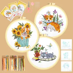 3 Count Animal Embroidery Kit for Beginners-Cross Stitch Tools,Dog Embroidery starter Stitching Kit,Gift for diy Crafts Beginners,Sewing SuppliesTool