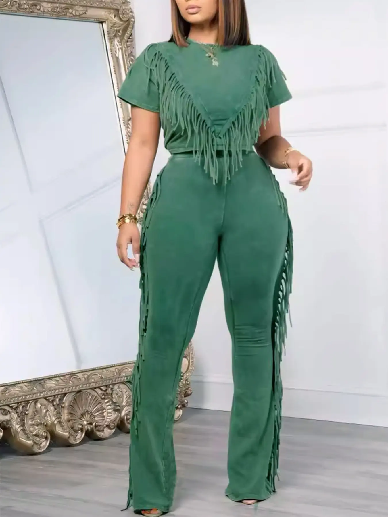 Women's 2 Piece Denim Inspired Fringe Matching Set - Short Sleeve Crop Top and Side Fringe Flare Pants for Summer Outings,  Style, Casual Clothes Fit Womenswear