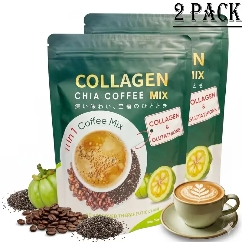 10/20 Pcs Sugar-Free 11-in-1 Instant Coffee Mix Sachets - 12g Collagen, Chia Seeds & Goji Berry Blend Dietary Supplement for Healthcare, Natural, Fitness