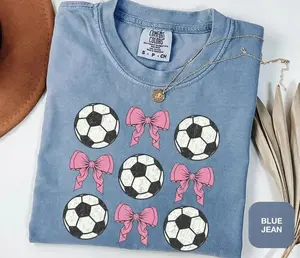 Comfort Colors Coquette Soccer Girl TShirt Pink Bows Soccer Balls Retro Vintage Soccer Mama Tee Soccer Mom Birthday Gift Team Soccer Player