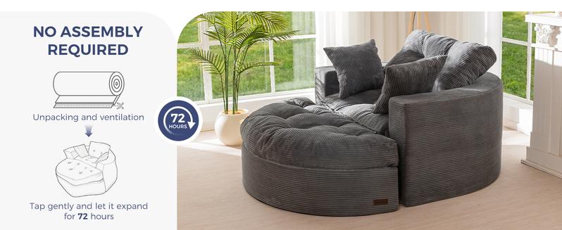 MAXYOYO Oversized Round Chaise Lounge Sofa, Upholstered Lounge Chair with 3 Pillows, Boneless Sofa Couch with Ottoman, Deep Seat Sleeper Chair for Living Room, Bedroom, No Assembly