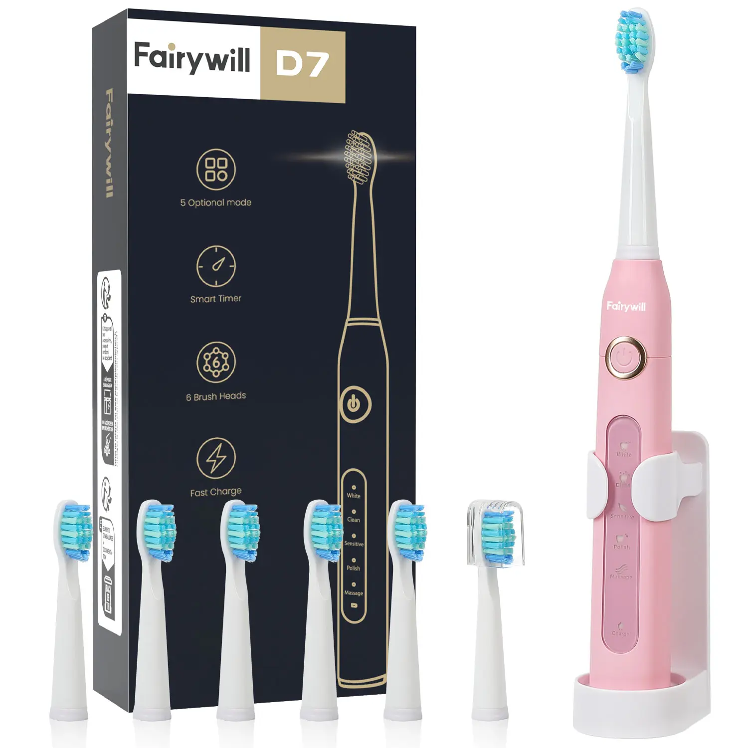 Fairywill Rechargeable Electric Toothbrush (Beauty Products, Self Care Products) for Adults, 40000 VPM Ultra Cleaning, 6 Brush Heads, Smart Timer, Adjustable Vibration, Whitening, Gum Health, Gifts for Boyfriend