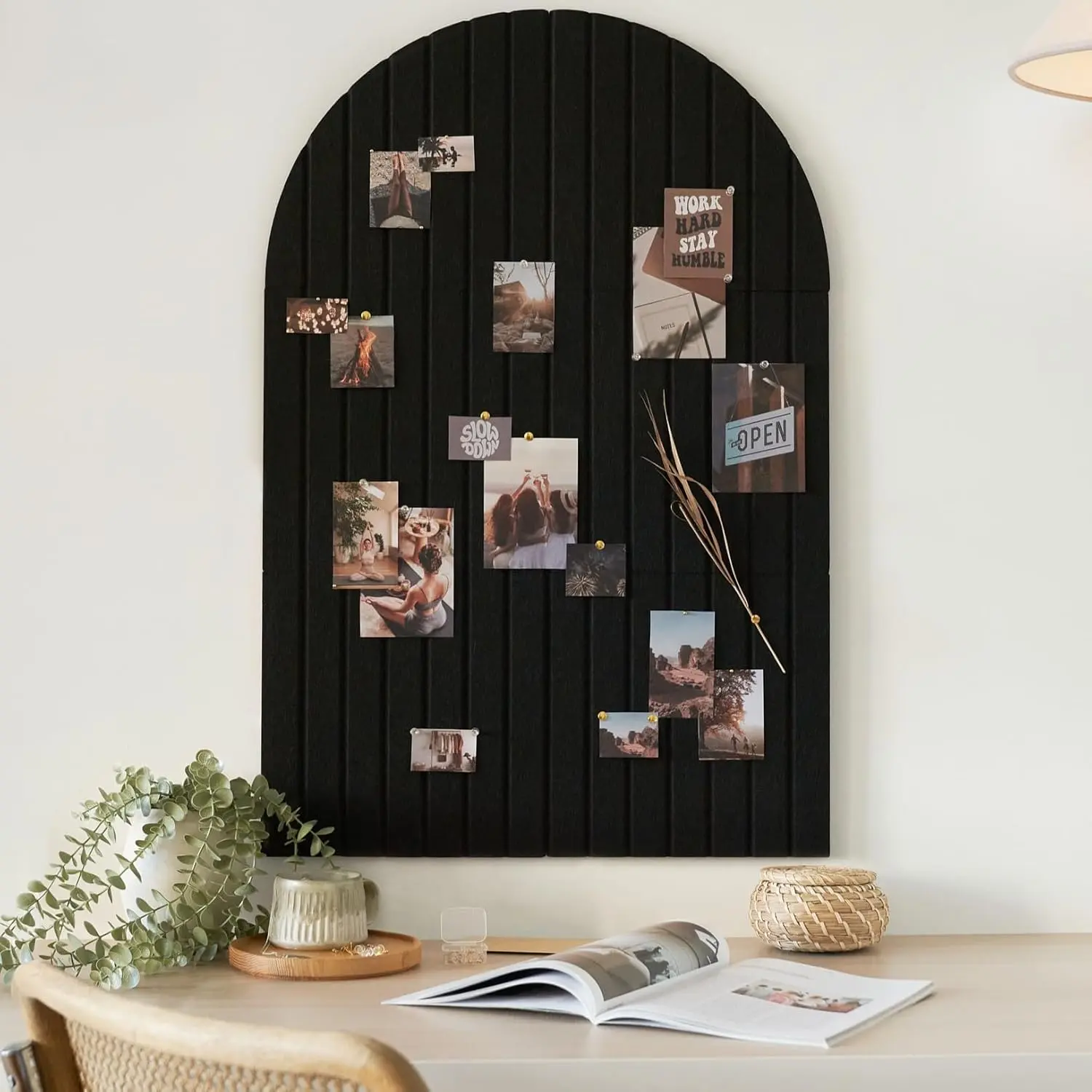 Large Arched Felt Bulletin Board Stylish Perfectly Sized Cork Board Alternative for Office & Wall Decor – 6 Customizable Adhesive Tiles with Pins are Perfect to Display Your Photos