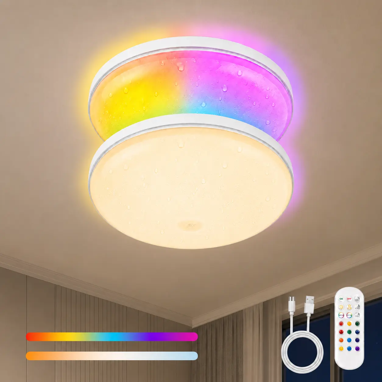 2-Pack Shower Lights IP66 Waterproof, Touch Sensor Ceiling Light, Rechargeable Closet Light with 10000mAh Battery, LED Shower Lamp for Bathroom, Cordless Ceiling Lamp with RGB Colors, Remote Control