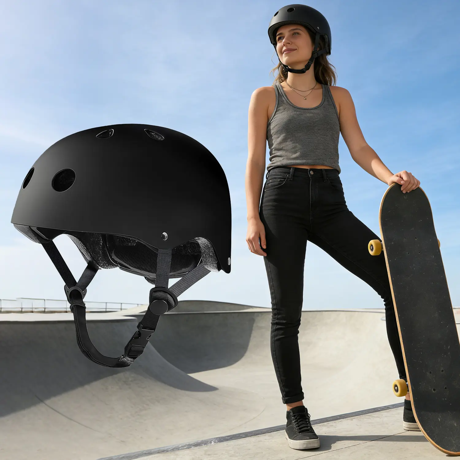 Skateboard Bike Helmet for Adults, Adjustable Size, Lightweight Men's and Women's Helmet, Cycling and Skateboarding, Paintable, Christmas Gift (Black, White)