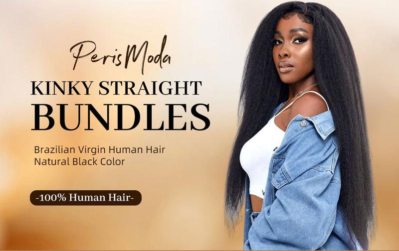 15A PerisModa Kinky Straight Bundles Human Hair Weave Yaki Straight Bundles 12-32 Inches Remy Hair 4C Extensions Set 100% Unprocessed Brazilian Virgin Hair Natural Color For Black Women
