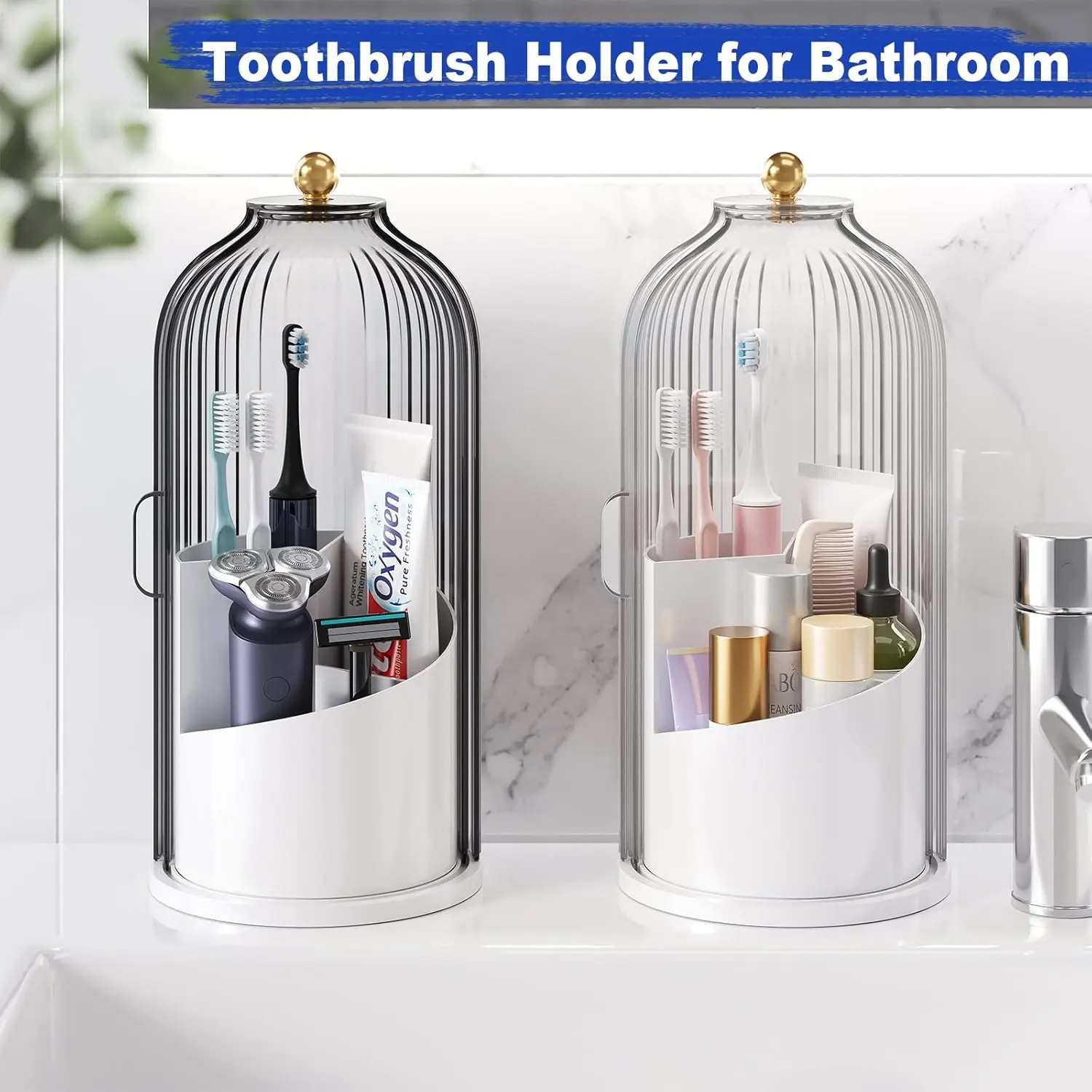 White Acrylic Multifunctional Bathroom Accessory Toothbrush Holder with Snap-On Dustproof Cover, Transparent Door Lid, 360-Degree Rotating Design, Toothbrush Protector for Vanity Bathroom Desktop Countertop Storage