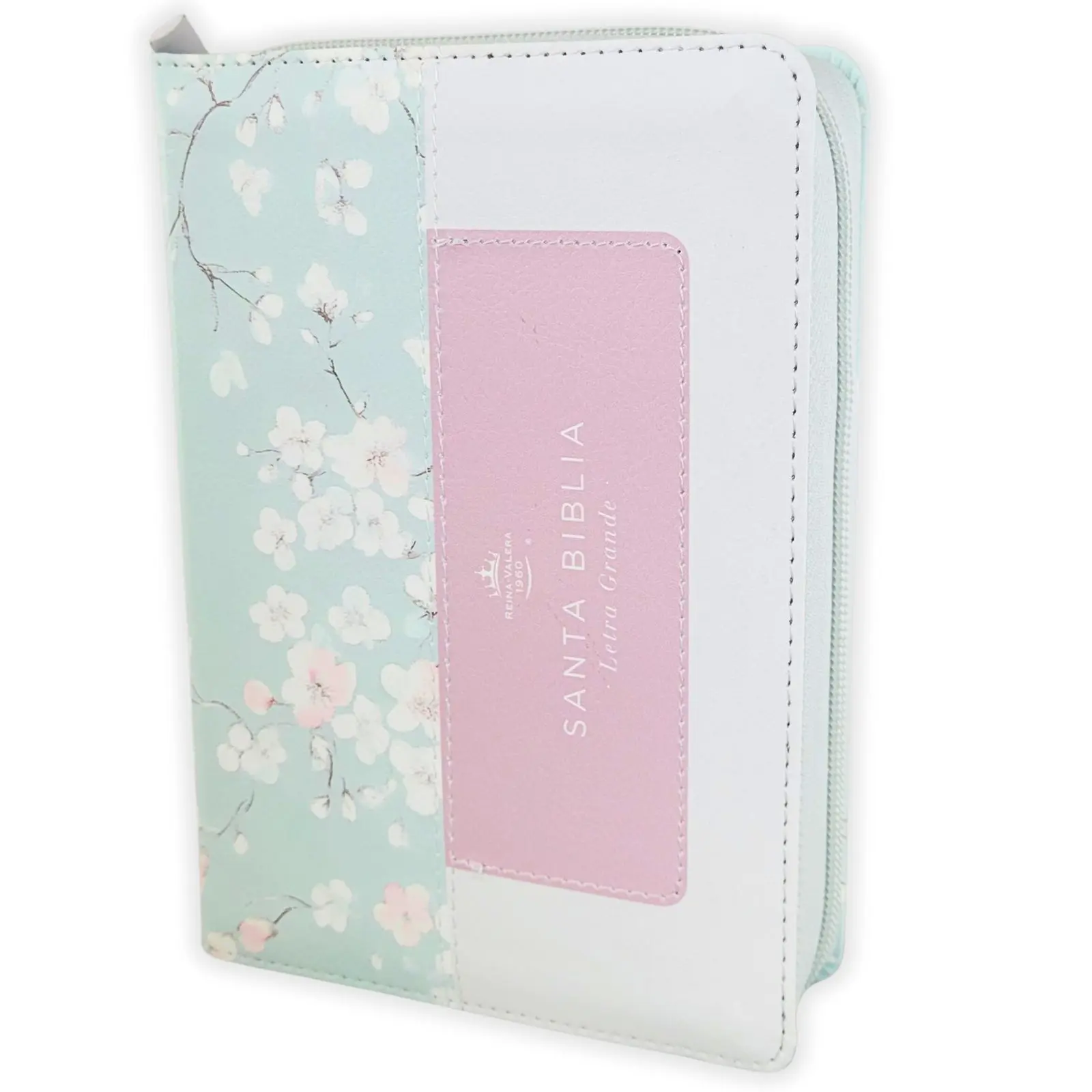 Biblia con Cierre Portatil Letra Grande 12 puntos RV1960 imit piel tricolor azul/rosa/blanco con indice y canto floral