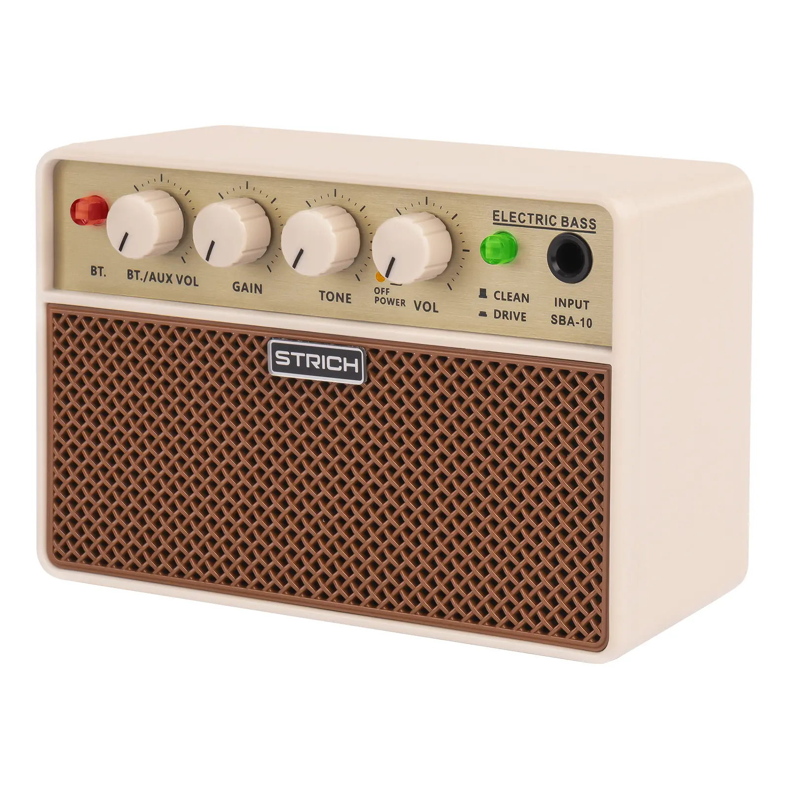 STRICH 10W Mini Bass Speaker Amplifier - Portable, Rechargeable Bass Guitar Practice Device with Clean & Drive Channels, Compact Brown Design