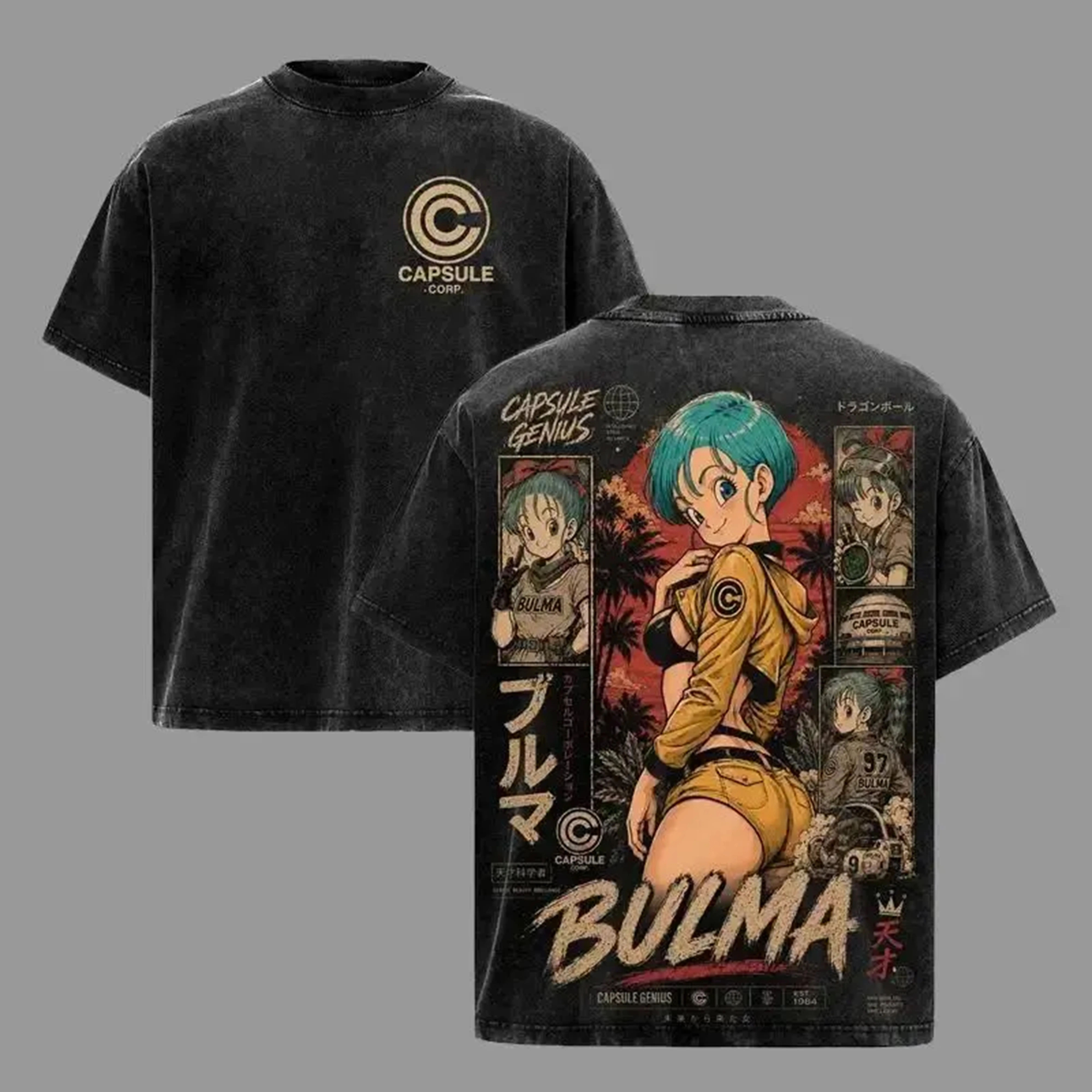 Bulma Dragon Menswear Top - Capsule Corp Genius Anime Graphic Tee, Back-Print Vintage 90s Unisex Cotton Distressed Short-Sleeve T-Shirt, DBZ Streetwear Merch Crewneck Tshirt